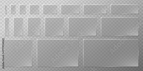 Minimal glassmorphism UI buttons and panels with soft blur and transparent 3D frames. Modern geometric glass morphism vector layout for app, web or HUD interface design.