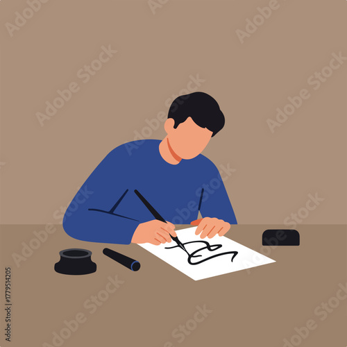A person, faceless, in blue writes on paper with a pen, desk has inkwell and block