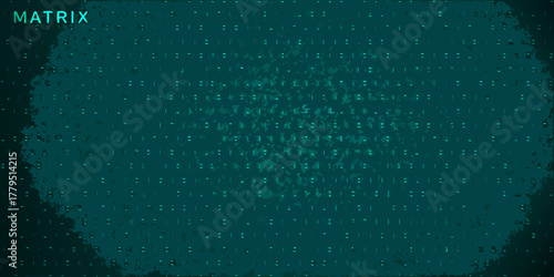 Abstract digital matrix code background with glowing teal binary data and grunge texture