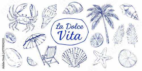 La dolce vita collection featuring beach elements crab seashells palm tree citrus and beach chair
