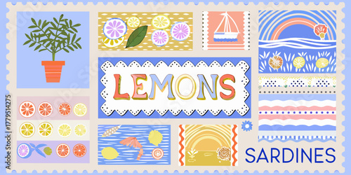Whimsical collection of illustrated stamps featuring lemons citrus fruits and mediterranean summer scenes