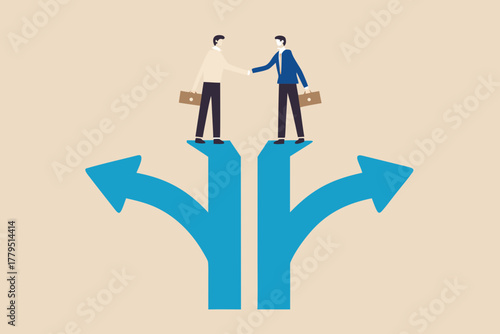 Two businessmen shaking hands at a crossroads representing a decision or agreement on a business path forward