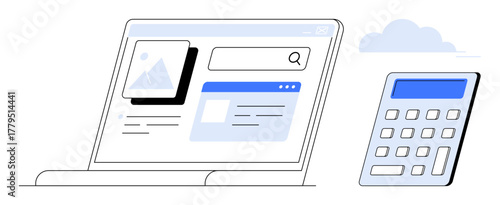 Laptop displaying search and content elements alongside a calculator under a cloud, representing online tools, productivity, research, efficiency, digital workspace, education, and simple flat
