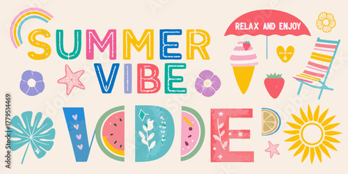 Quadro su tela Bright and colorful summer vibe lettering with beach and tropical elements