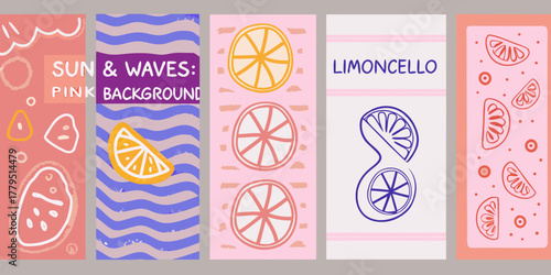 Collection of abstract summer themed designs featuring citrus fruits sun and waves with pink backgrounds