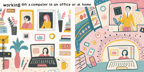 Illustration of people working on laptops and computers in a home office or modern workspace