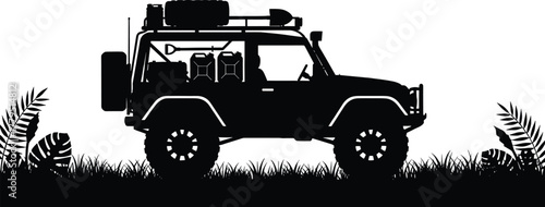 Black silhouette of an offroad vehicle with expedition gear, offroad vehicle, 4x4, suv, expedition, adventure, travel, exploration, wilderness, jungle, nature, grass, foliage, plants, leaves, tropical