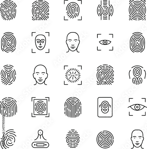 Biometric identification and security outline icons Keywords: biometric, identification, security, fingerprint, face, eye, scan, recognition