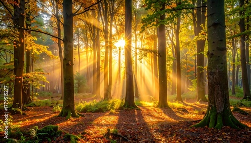 Fototapeta Naklejka Na Ścianę i Meble -  Forest with golden sunbeams shining through the trees creating a warm, mystical atmosphere