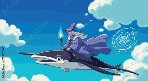 A whimsical old sorcerer with a glowing staff flies high above the clouds on the back of a magical whale-like creature, on a fantastical journey through the vast blue sky