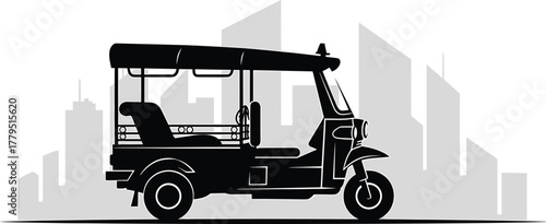 Black tuk auto rickshaw silhouette against city skyline, tuk, auto rickshaw, transportation, vehicle, silhouette, black and white, city, skyline, urban, transport, travel, taxi, motor, three wheel, pa