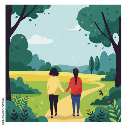 Illustration shows two women walking on a path in a park, holding hands. Trees and fields surround them