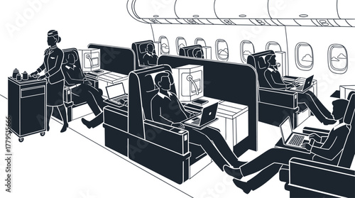 Business class airplane cabin with flight attendant serving passengers, airplane, cabin, interior, business class, flight attendant, passenger, service, travel, flying, aircraft, seat, laptop, compute