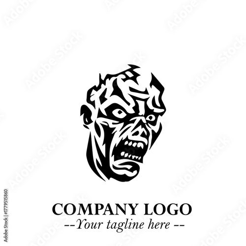 Head of Zombie Logo Symbol in Black on the White Background with Horror Minimal Vector Design