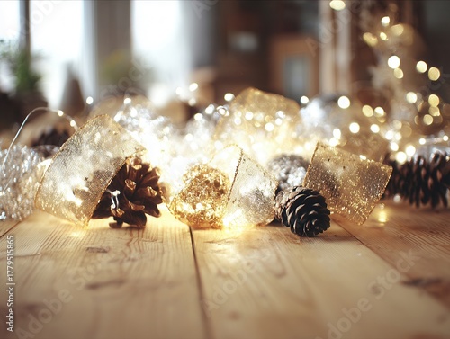 Decorative golden fairy lights illuminate a cozy wooden table with pinecones creating a warm atmosphere for special gatherings during winter evenings