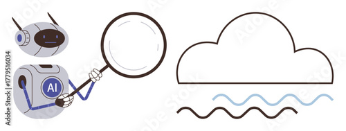 Robot with AI label holding magnifying glass examining cloud icon and wavy lines. Ideal for AI, technology, cloud computing, data analysis, innovation, cybersecurity, machine learning. Simple flat