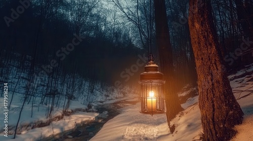 Lantern illuminating snow-covered path beside a frozen creek in a quiet forest at dusk