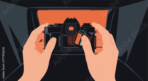 Photographer loading camera with film in a retro stylized image