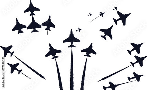 Silhouette jet fighter planes in formation with smoke trails, jet fighter, airplane, aircraft, silhouette, dark blue, white background, formation, aerobatic, flight, sky, speed, power, military, aviat