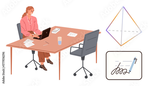 Woman typing on laptop at office desk with files, papers, and drink. Nearby, a concept includes contract signing and a geometric pyramid. Ideal for teamwork, planning, contract, negotiation