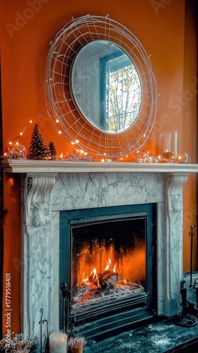 Warm flames dance in a beautifully decorated fireplace surrounded by festive lights during a cozy winter evening at home