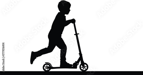Silhouette of a young boy riding a scooter child, boy, child, silhouette, scooter, riding, transport, transportation, active, outdoor, recreation, fun, movement, speed, young, kid, person, people, bla