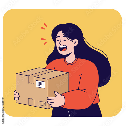 A joyful woman holding a delivery package, smiling and excited, on a yellow rounded background