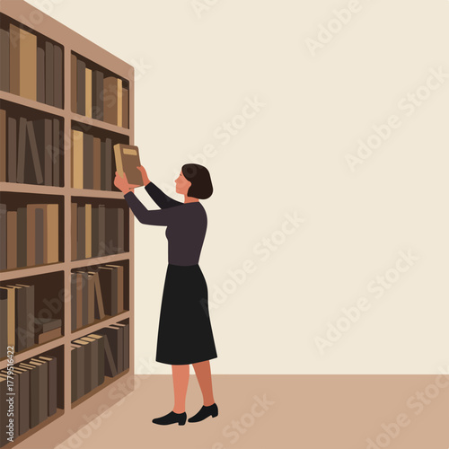 Illustration of a person reaching for a book on a bookshelf, with neutral colors and simple shapes