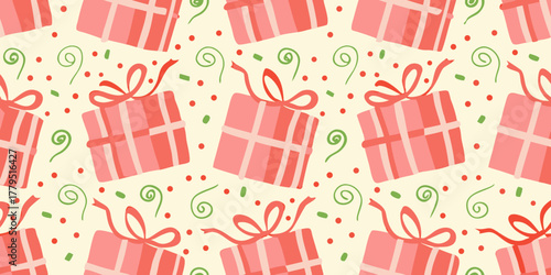 Seamless pattern of pink gift boxes with red ribbons and green swirls and confetti