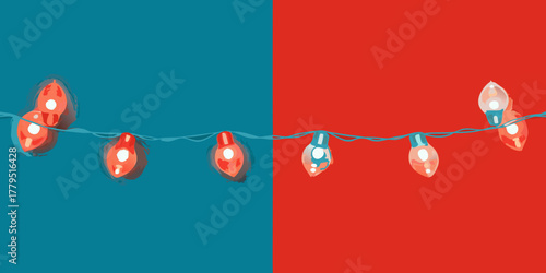 Festive string lights with red and blue bulbs divided by a contrasting background color split