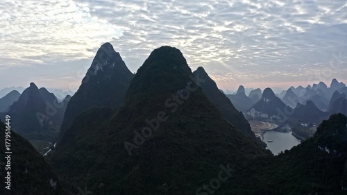 Yangshuo Karst Mountains and River Landscape at Sunset, Guangxi Province, China