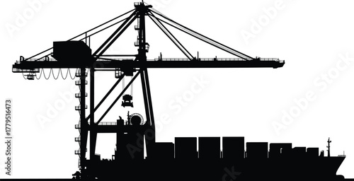 Silhouette of container ship and gantry crane at port, silhouette, gantry crane, container ship, cargo ship, port, harbor, loading, unloading, logistics, shipping, industry, industrial, transportation