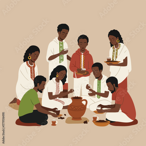 Illustration of a group of people in traditional attire preparing and serving coffee in a cultural ceremony