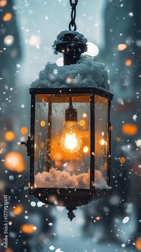 Sparkling lamplight illuminates a dreamy winter night in a snowy landscape filled with warmth and magic