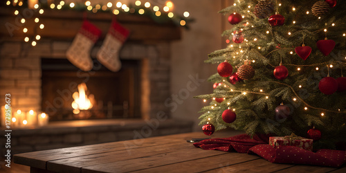 Warm Christmas holiday scene with a decorated Christmas tree in the foreground, red ornaments and lights, wooden table surface in front, and a cozy fireplace with stockings hanging in the blurred back