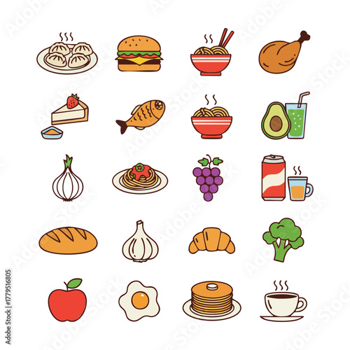 Delicious Food and Drink Vector Icons Set – Flat Outline Style