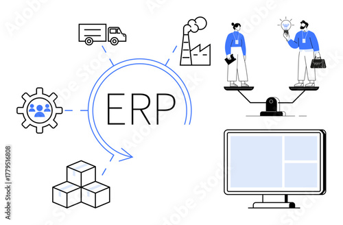 Gear, truck, factory, balanced scales, ERP text, and computer monitor highlight business operations, logistics, and resource optimization. Ideal for management supply chain teamwork