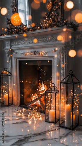 Warm ambiance at a festive interior fireplace with glowing lights creating a cozy atmosphere in a charming living space during a winter evening