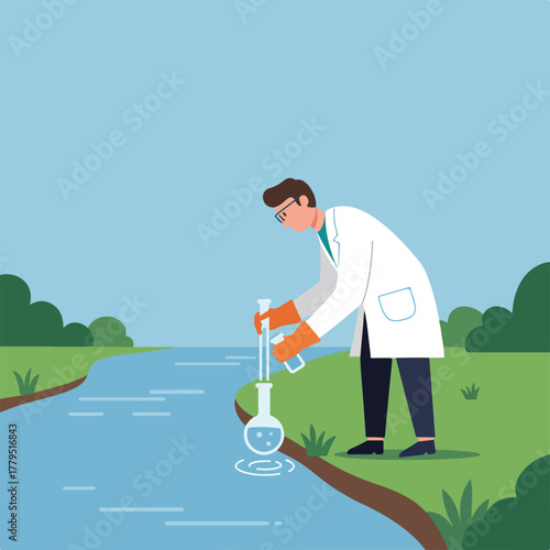 An illustration shows a scientist in a lab coat and gloves collecting a water sample from a river