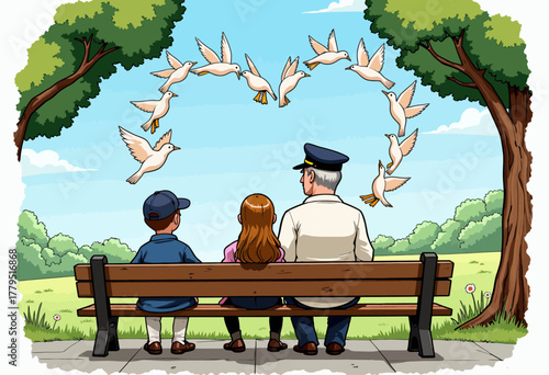 Illustration of a Peaceful Park Scene Featuring a Family Watching Flying Birds Forming a Heart Shape in the Blue Sky Surrounded by Greenery and Trees