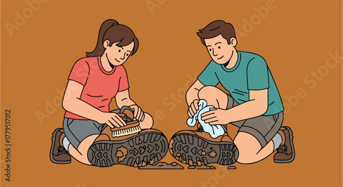 Couple cleans muddy hiking boots