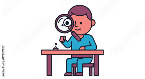 Person examines a small object with a magnifying glass