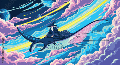 Magical Journey A Wizard Rides a Giant Manta Ray Through a Pixelated Sky Amidst Clouds and Planets
