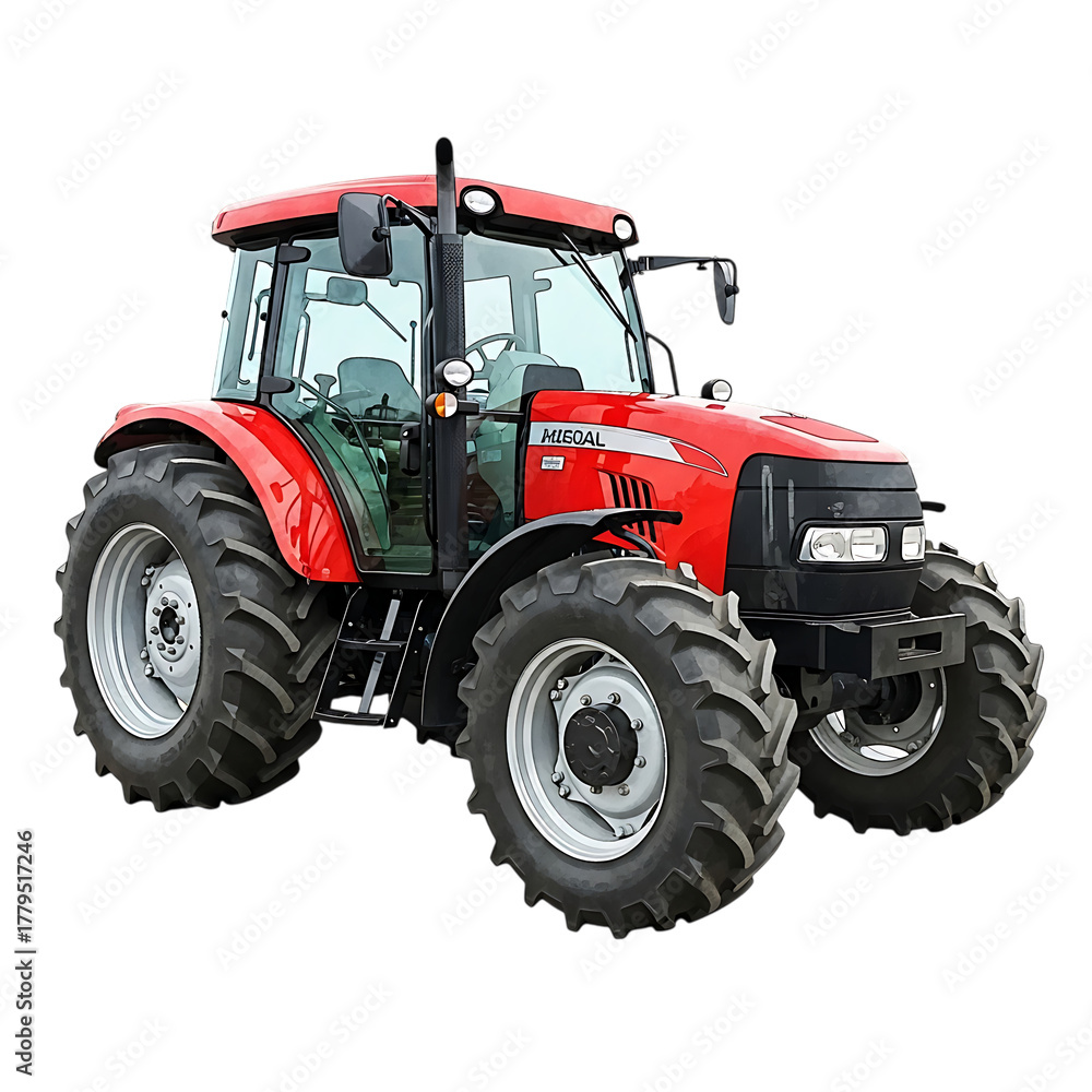 Obraz premium Red agricultural tractor with large tires and enclosed cabin, cutout, PNG isolated on white or transparent background
