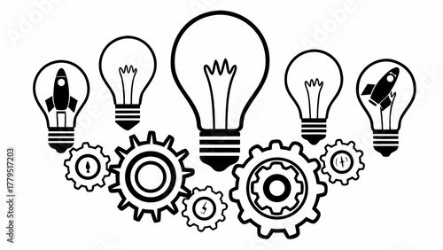 Light bulbs with rockets and gears symbolizing innovation ideas and mechanical engineering concepts