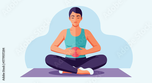 Person in lotus position. A person meditating with closed eyes, hands on abdomen