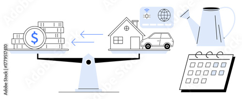 Scales balancing money and assets thumbs up house and car, a calendar, internet connectivity, and a watering can. Ideal for finance, resource planning, budgeting, investment, time management