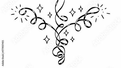 Whimsical black and white hand drawn confetti and streamers with sparkling stars for festive celebrations