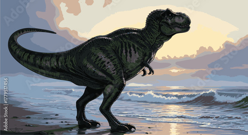 Majestic Tyrannosaurus Rex Roaming the Shoreline at Sunset