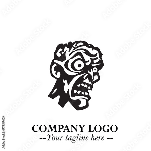 Head of Zombie Logo Symbol in Black on the White Background with Horror Minimal Vector Design